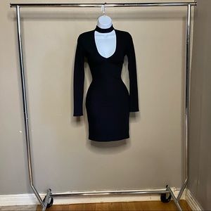 BooHoo: Ita High Neck Plunge Ribbed Bodycon Dress - Black - 12